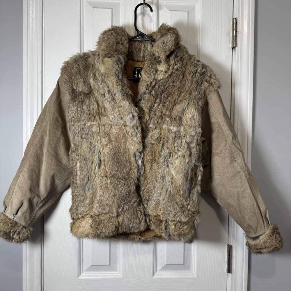 Vintage brown‎ REAL RABBIT FUR Leather Coat jacket  KC COLLECTIONS XS S Flawed